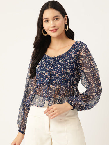 Floral Print Sweetheart Neck Puff Sleeve Chiffon Peplum Top - RueCollections